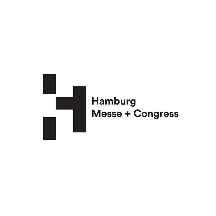 Black and white Hamburg Messe and Congress logo.