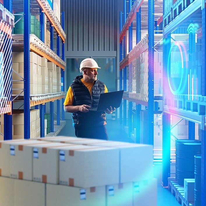 Person steht mit einem Laptop in einem großen Lagergang, umgeben von Regalen mit Kartons und farbigen Lichteffekten im Vordergrund.
